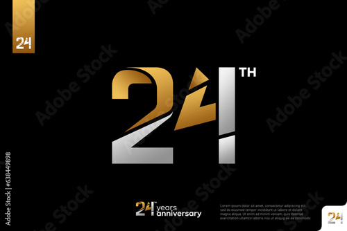 Gold and silver number 24 logo icon design on black background, 24th birthday logo number, 24 anniversary