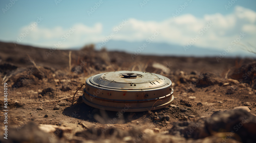 old anti-tank mine buried in the desert sand,Generative AI. - obrazy, fototapety, plakaty 