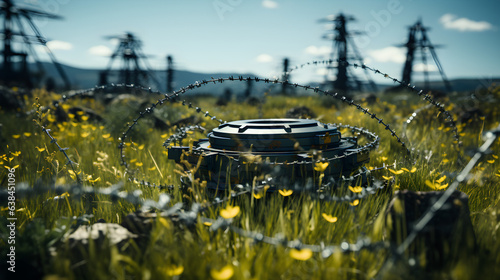 old anti-tank mine buried in the desert sand,Generative AI.