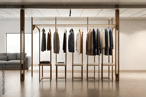 Clothes on a hanger  storage shelf in a cream background. Collection of clothes hanging on rack with neutral beige colors.