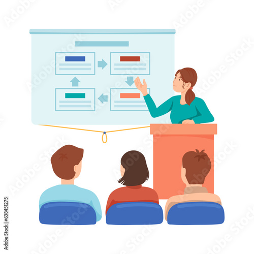 Woman teaching lesson with presentation vector illustration. Students listen to teacher explaining subject in class, pointing at whiteboard. Education, classroom learning, back to school concept