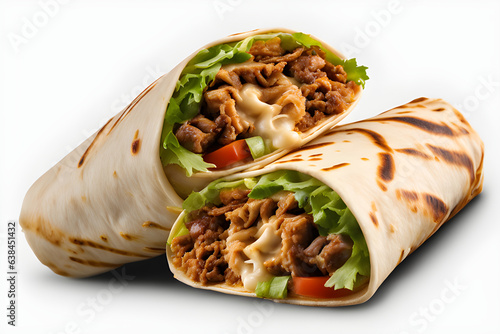 Mexican chicken wrap, two isolated shawarmas with white background.