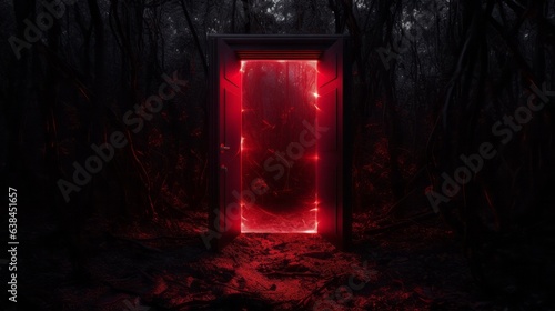 A vibrant red glowing door nestled in of a lush forest