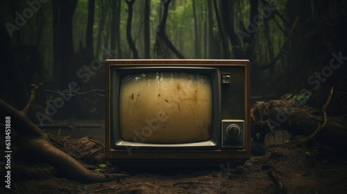 An abandoned old television tv set amidst the serene beauty of a lush forest