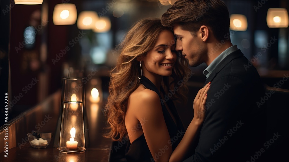Portrait of a young couple in love in a luxury restaurant, date, romantic evening, blurred bokeh background. - obrazy, fototapety, plakaty 