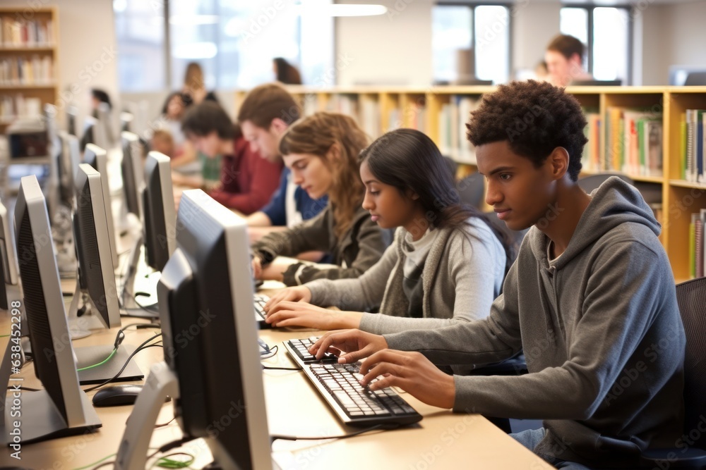 Students collaborate in computer lab. group project, laptops, teamwork, technology, knowledge sharing. Students collaborate in computer lab. group project, laptops, teamwork, technology, knowledge sharing.