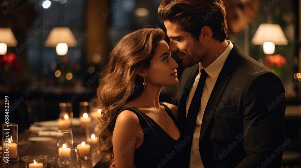 Portrait of a young couple in love in a luxury restaurant, date, romantic evening, blurred bokeh background.