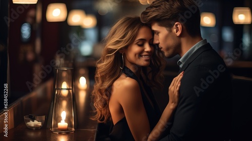Portrait of a young couple in love in a luxury restaurant, date, romantic evening, blurred bokeh background. © MiaStendal