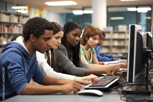High school friends study. laptop collaboration, teamwork, seminar, diverse students, computer lab.