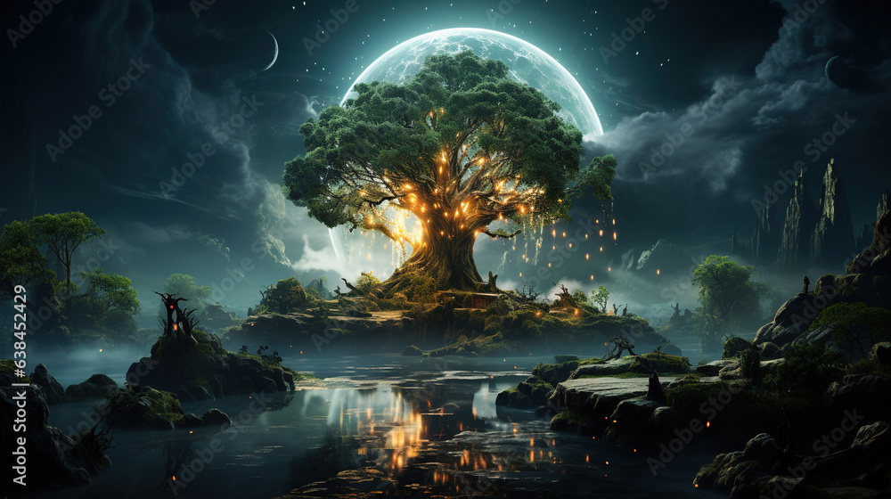Magical Big Tree at River With Fantasy Illustration Moon in Sky Landscape Background AI Generative Magical Big Tree at River With Fantasy Illustration Moon in Sky Landscape Background AI Generative