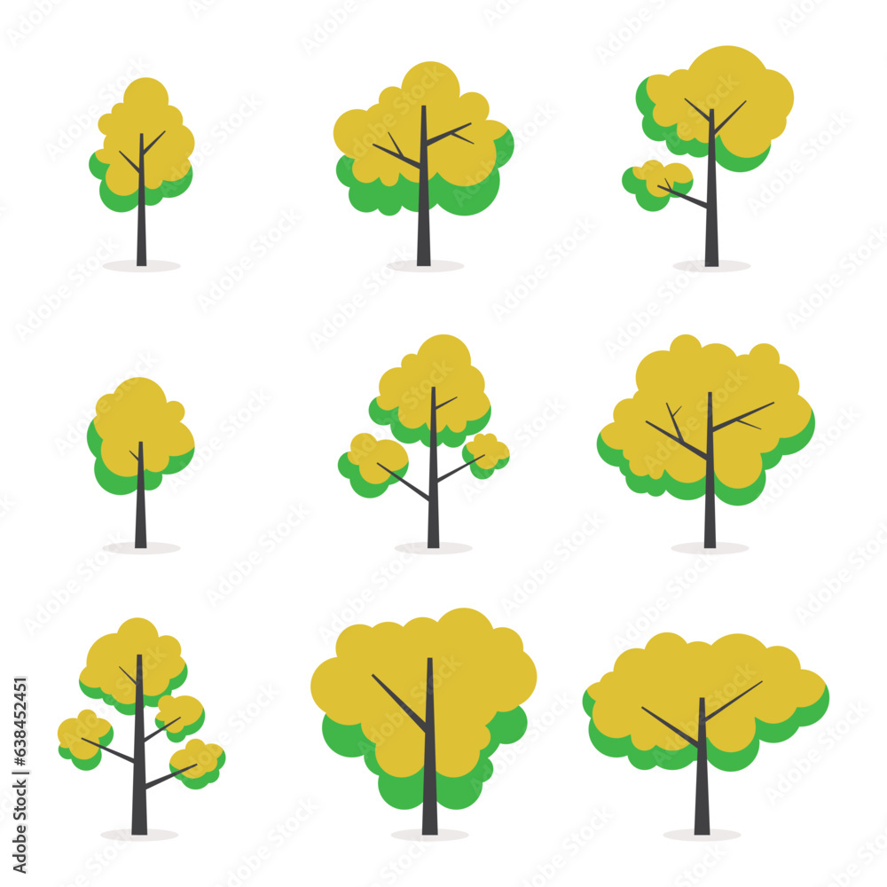 Fototapeta premium Illustration flat green trees set. Nature forest, plant, leaf, leaves in flat style design, isolated on white background. Vector icon