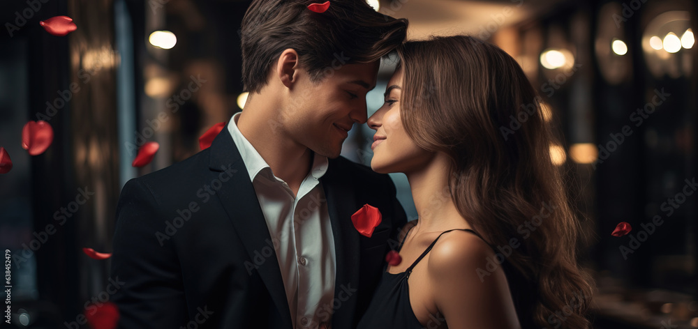 Portrait of a young couple in love in a luxury restaurant, date, romantic evening, blurred bokeh background.