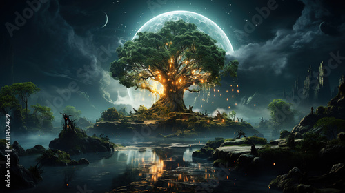 Magical Big Tree at River With Fantasy Illustration Moon in Sky Landscape Background AI Generative