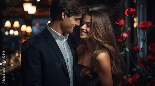 Portrait of a young couple in love in a luxury restaurant, date, romantic evening, blurred bokeh background. © MiaStendal