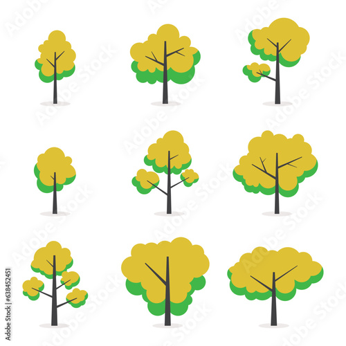 Illustration flat green trees set. Nature forest  plant  leaf  leaves in flat style design  isolated on white background. Vector icon