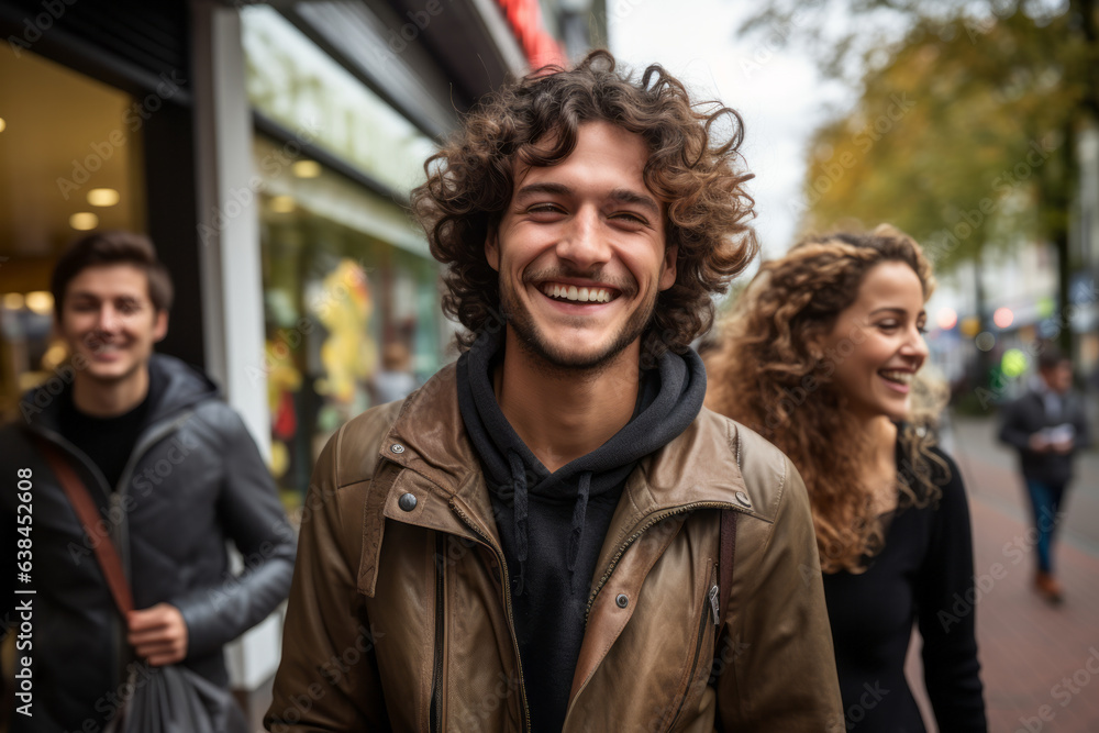 Portrait of European young adult stubble man with curly hair in city street