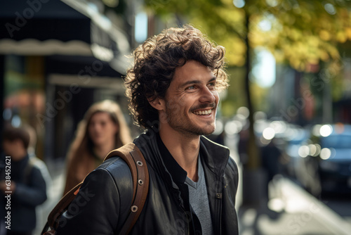 Fototapeta Naklejka Na Ścianę i Meble -  Portrait of European young adult stubble man with curly hair in city street