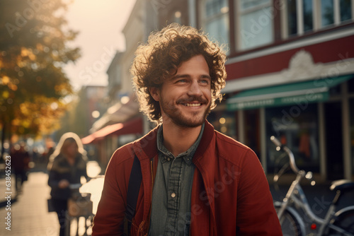 Fototapeta Naklejka Na Ścianę i Meble -  Portrait of European young adult stubble man with curly hair in city street