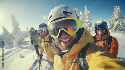 Selfie of group of friends with skis on winter holidays