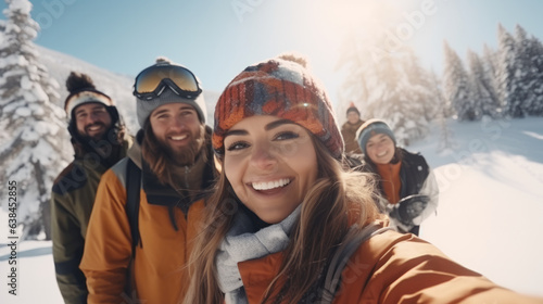 Selfie of group of friends with skis on winter holidays