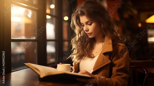 Young beautiful girl reading a book in coffee