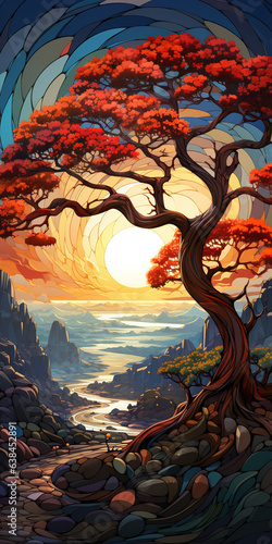 A Mosaic of a Beautiful Joshua Tree at Sunset Landscape Background AI Generative
