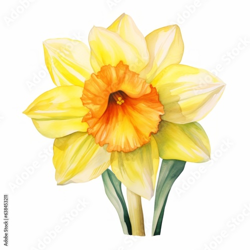 Yellow watercolour daffodil narcissus summer flower illustration on white background. Floral blossom concept