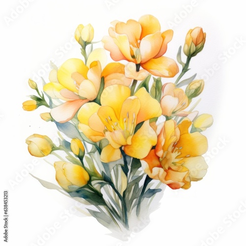 Yellow watercolour freesia summer flower illustration on white background. Floral blossom concept