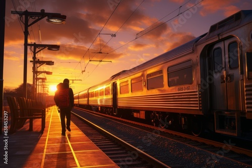 Train depart after stop sunset. Generate Ai