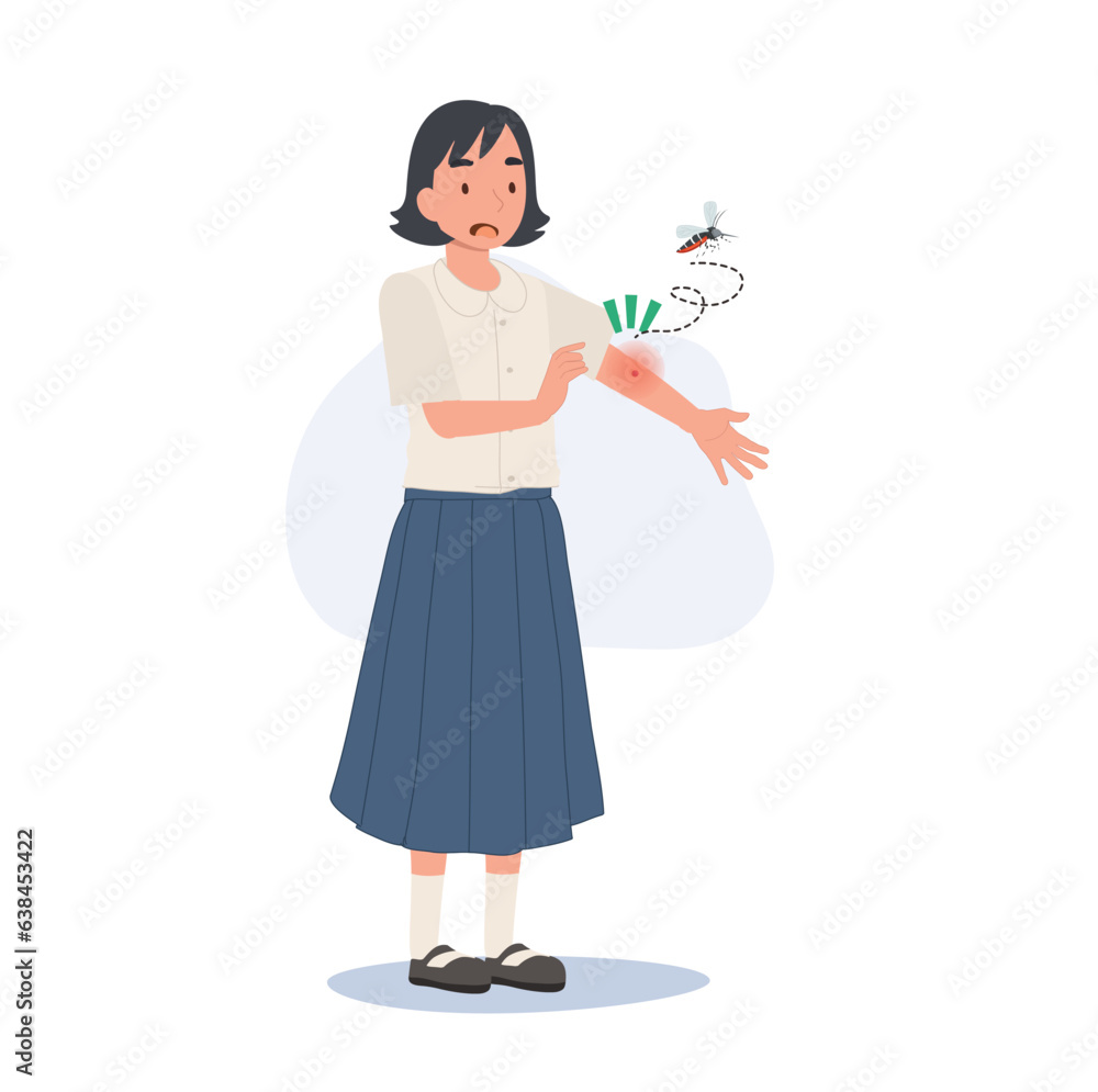 Preventing Zika Virus Spread concept. Thai student girl with Mosquito Bites Scratching Itchy Skin in Summertime. Preventing Zika Virus Spread concept. Thai student girl with Mosquito Bites Scratching Itchy Skin in Summertime.