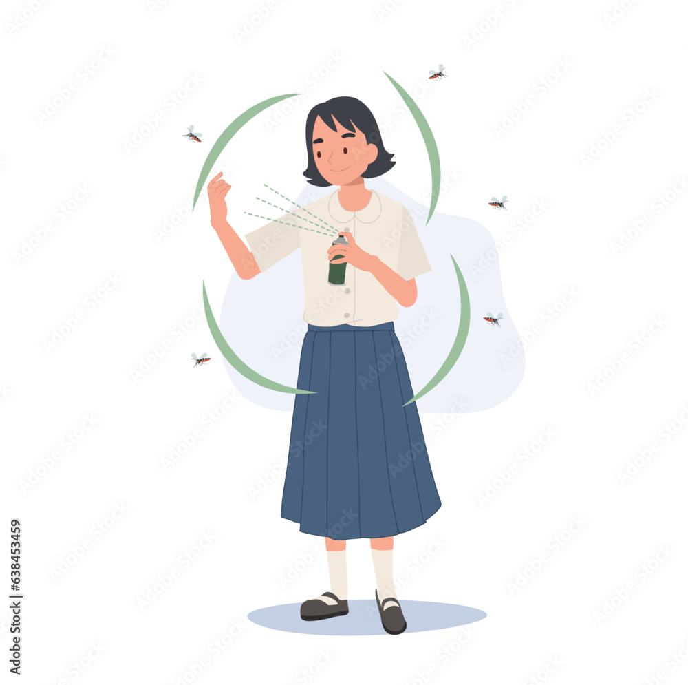 Dengue Fever Prevention. young Thai student using Mosquito Spray for Shields Against Zika. Dengue Fever Prevention. young Thai student using Mosquito Spray for Shields Against Zika.