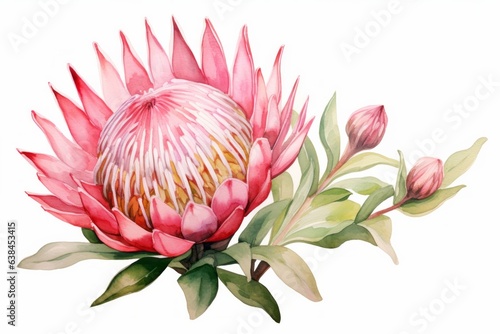 Pink watercolour protea Christmas flower illustration on white background. Floral blossom holiday concept