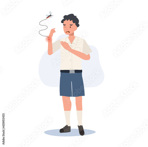 Preventing Zika Virus Spread concept. Thai student boy with Mosquito Bites Scratching Itchy Skin in Summertime.