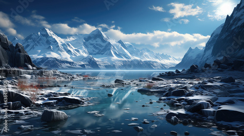 A Glacier Majestic Icebergs Floating River Surrounded by Towering Mountains AI Generative