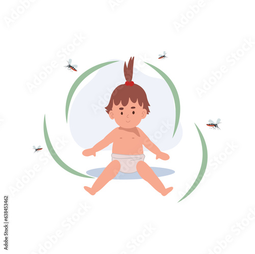  Dengue Fever Prevention concept. Cute Baby Shielded from Zika mosquitoes. Flat vector cartoon illustration