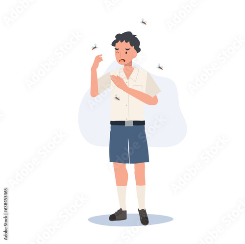 Young Thai Student boy in Uniform is in Outdoors and Surrounded by Mosquitoes. Preventing Zika Virus Spread concept. dengue fever