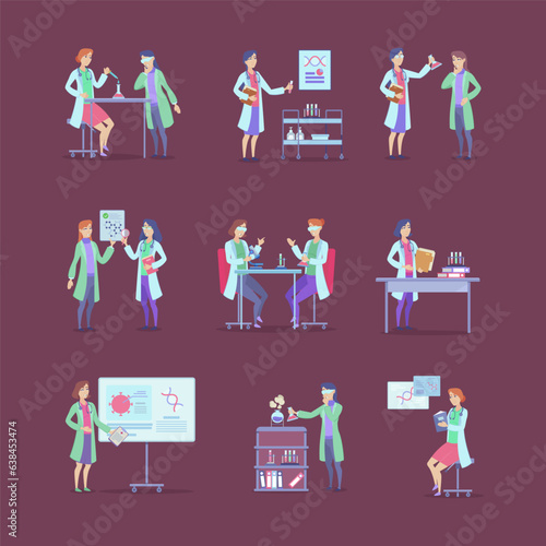 Scientists conducting medical research vector illustrations set. Drawings of female doctors with laboratory equipment, chemistry and biology experiments. Medicine, science, healthcare concept