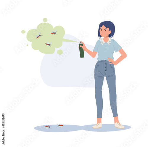  Dengue Fever Prevention concept. Mosquito Protection.   Woman Eliminating Insects with Spray. Flat vector cartoon illustration