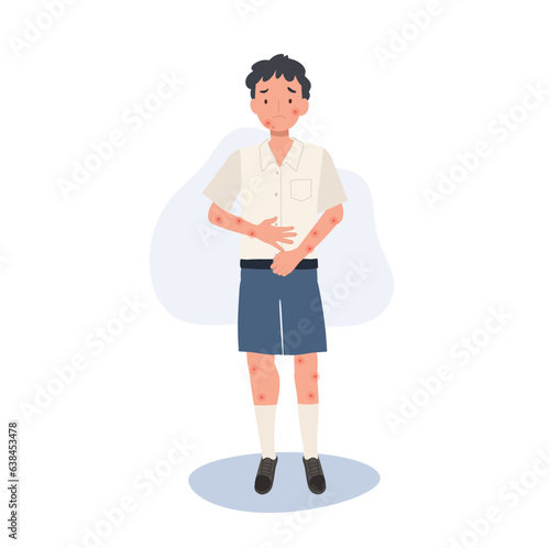 Young Student's Health Issue, Childhood Illness concept. Young Student with Chicken Pox in School Classroom