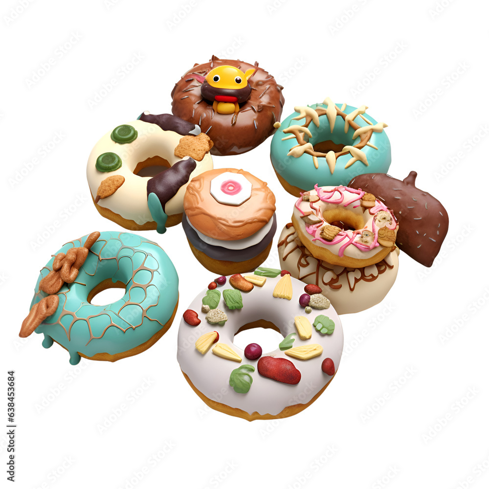 Set of donuts isolated on white background. 3d rendering.