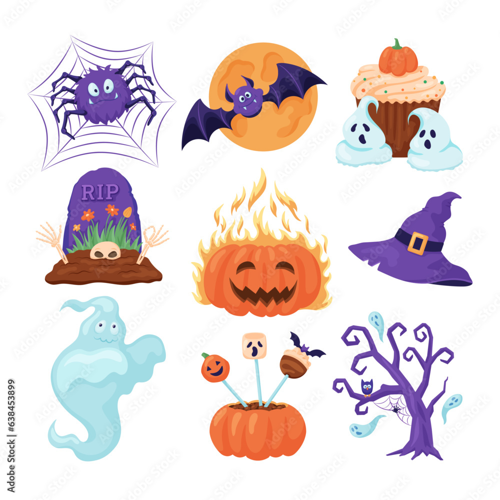 Fototapeta premium Funny and spooky Halloween symbols vector illustrations set. Collection of drawings of comic spider, bat, ghost, pumpkin, witch hat, cupcake, gravestone. Halloween, holidays, celebration concept
