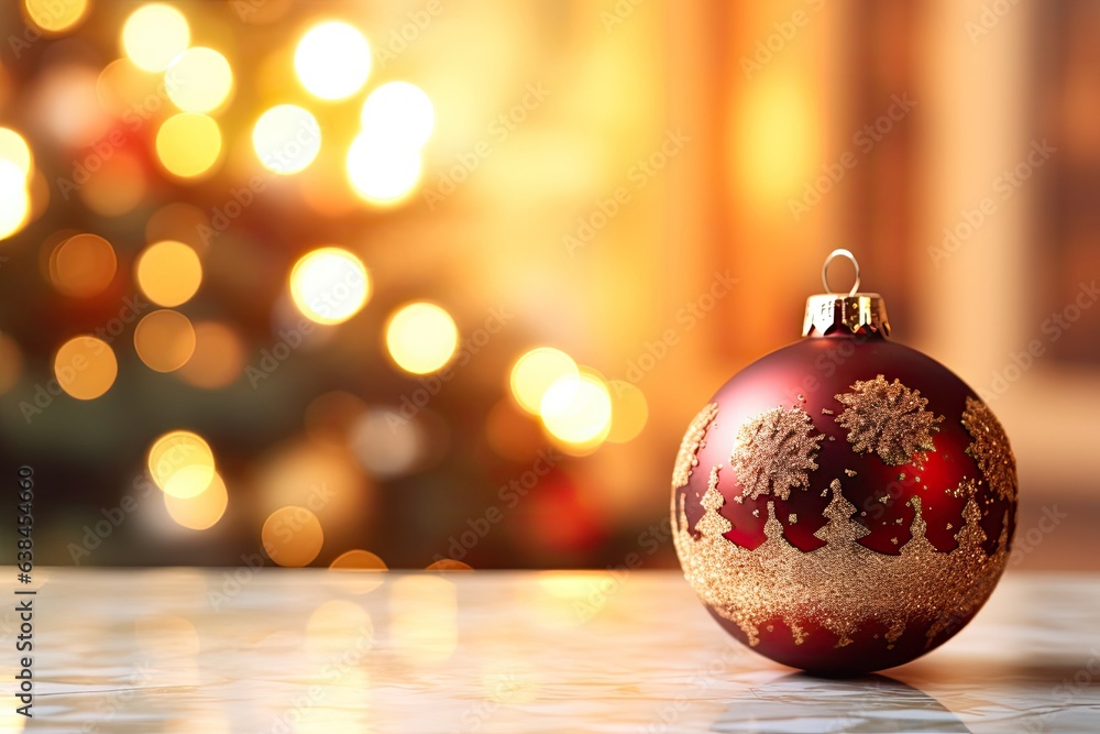 Closeup of red bauble hanging from Christmas tree, christmas tree ball illustration Closeup of red bauble hanging from Christmas tree, christmas tree ball illustration