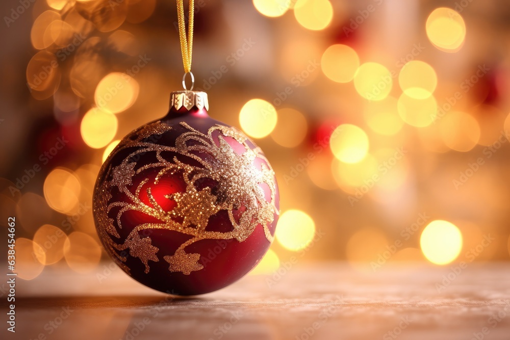Closeup of red bauble hanging from Christmas tree, christmas tree ball illustration Closeup of red bauble hanging from Christmas tree, christmas tree ball illustration