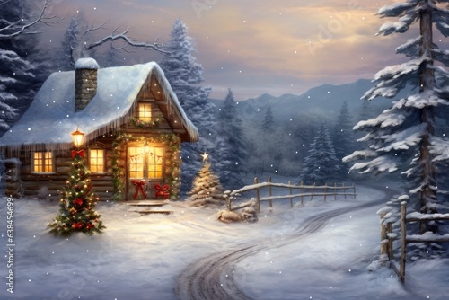 House near in winter landscape with snow, christmas time, house in winter with christmas background
