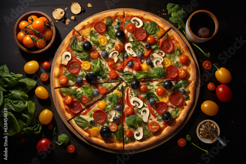 A flat lay photo realistic image of a sliced Veggie Pizza on a table with all the ingredients spread out, captured from a top-down view