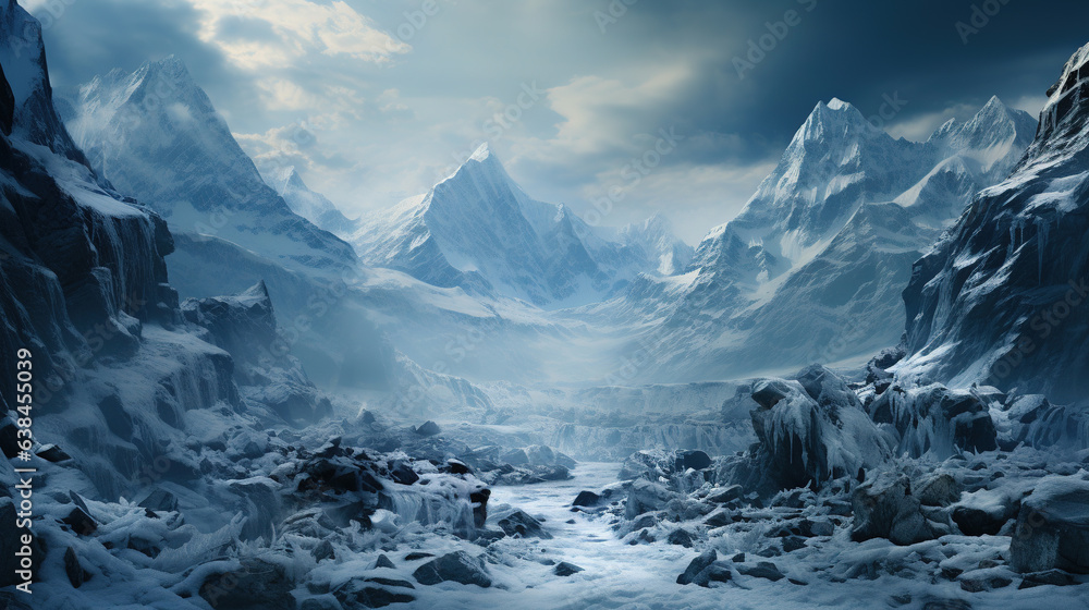 Obraz premium A River Rushing Through A Snowy Winter Alps Ravine Winter Trees Falling Snow AI Generative