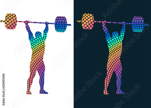 Set of silhouettes of weightlifting athletes on white background. Isolated vector colored images. Abstract vector image from colored dots of powerlifting sportsmen.