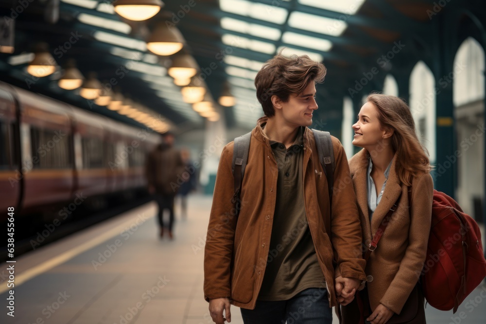 Young couple train station departure. Generate Ai
