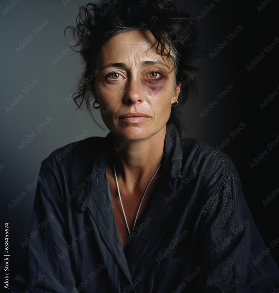 portrait de face d'une femme blessée, avec un œil au beurre noir, fatiguée, triste, déprimée, qui à subit des violences conjugales portrait de face d'une femme blessée, avec un œil au beurre noir, fatiguée, triste, déprimée, qui à subit des violences conjugales