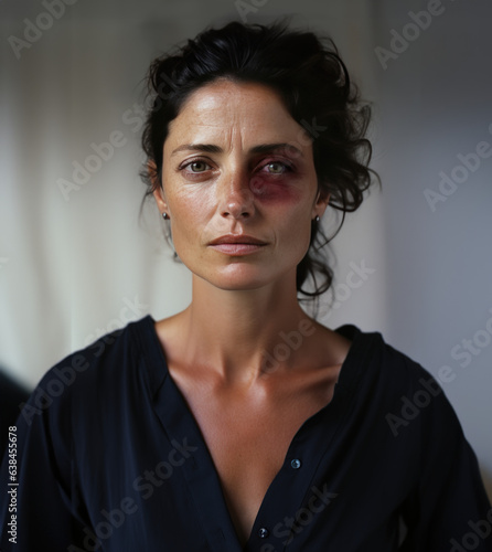 portrait de face d'une femme blessée, avec un œil au beurre noir, fatiguée, triste, déprimée, qui à subit des violences conjugales photo